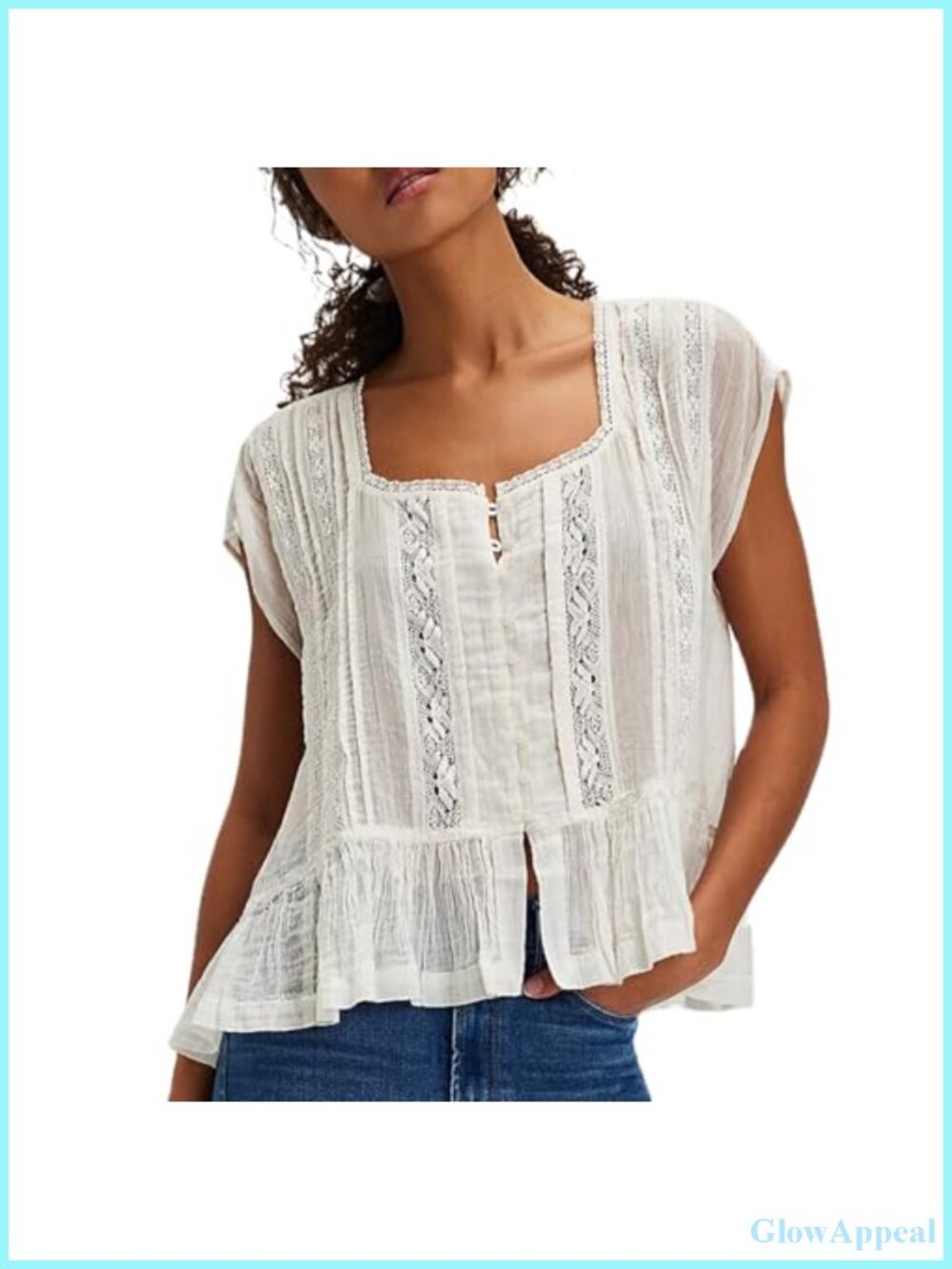 Semi Sheer Square Neck Button Down Blouse Flowy Crop Cap Sleeve Lace Trim